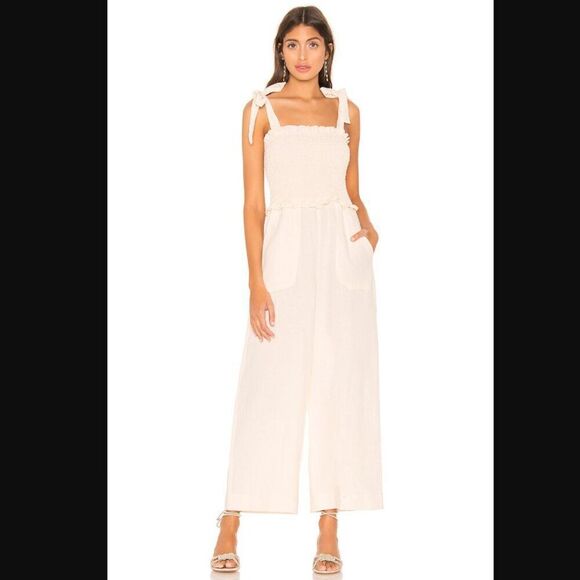 NWT Revolve x Rebecca Taylor Linen Smocked Jumpsuit in Cream | Size 6 - Picture 1 of 10